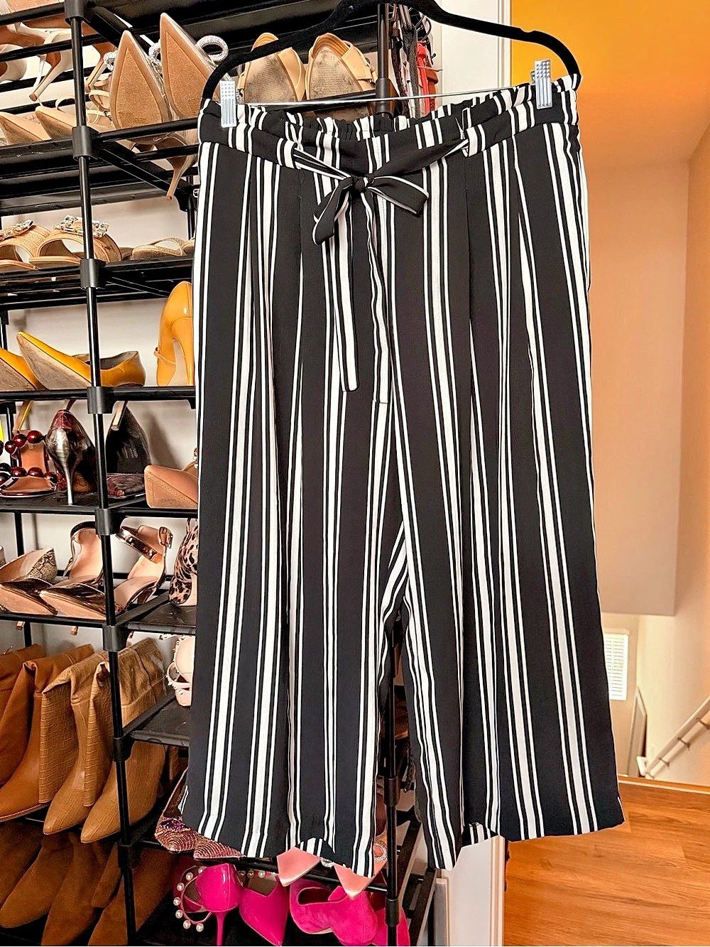Adrienne Vittadini Striped Wide Leg Cropped Pants in Black & White Size Large